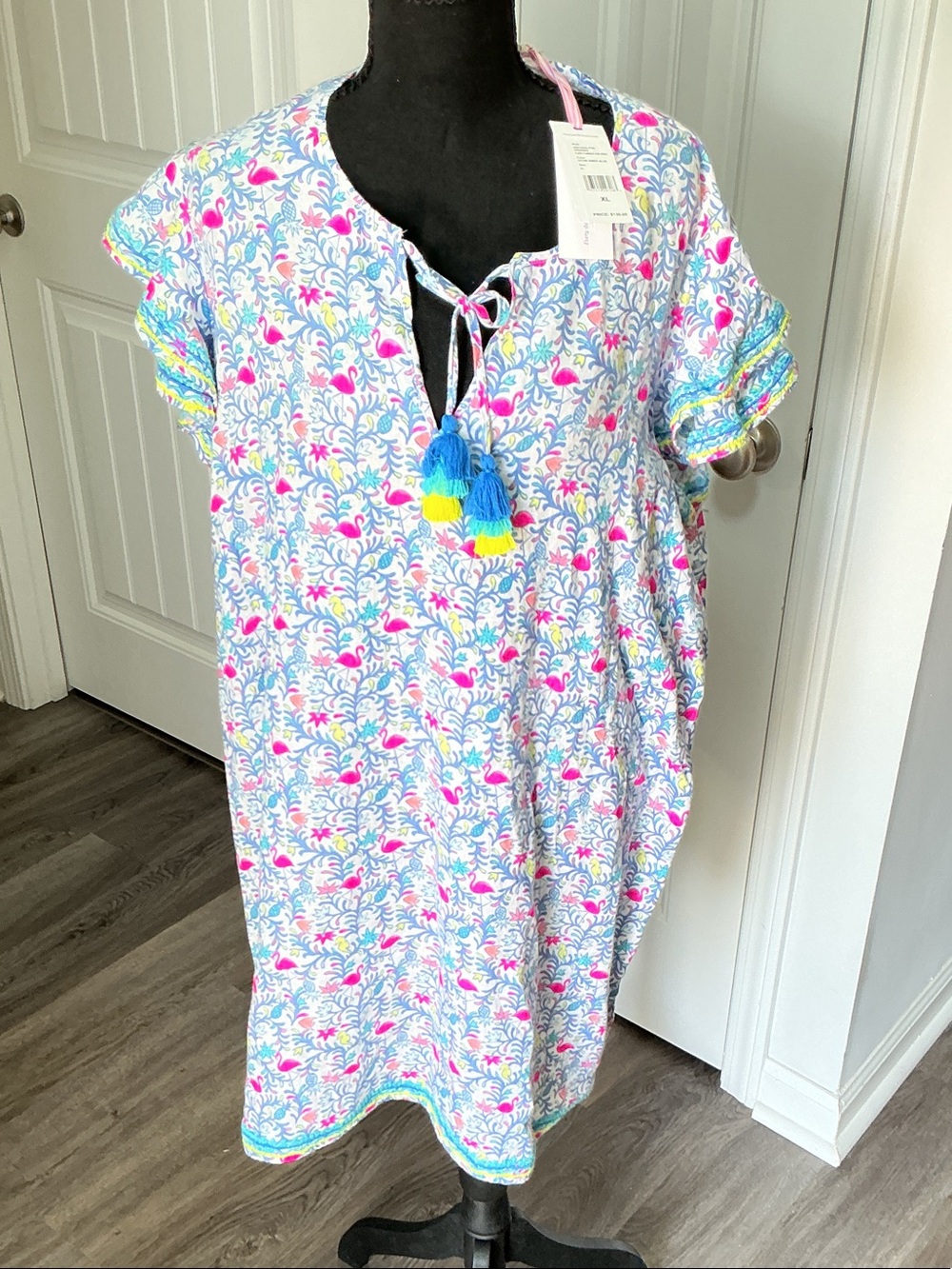 Vineyard Vines White Floral Flamingo High-Low Dress with Pink & Blue Tassels